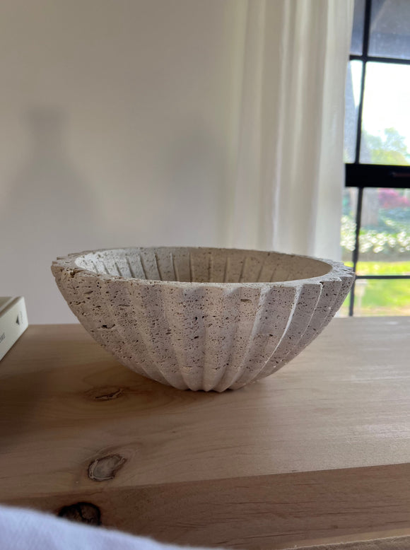 Circular Travertine Fluted Bowl with Grooves